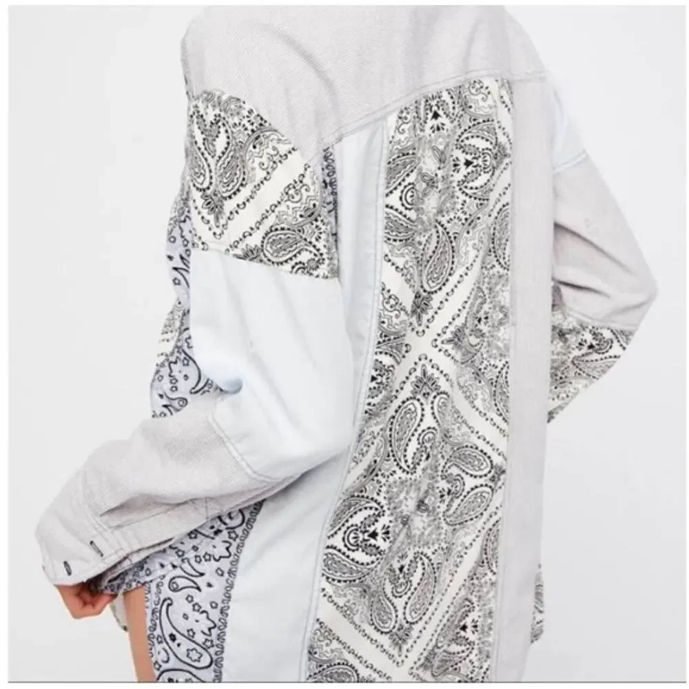 Free People Blue Distressed Patchwork Shirt